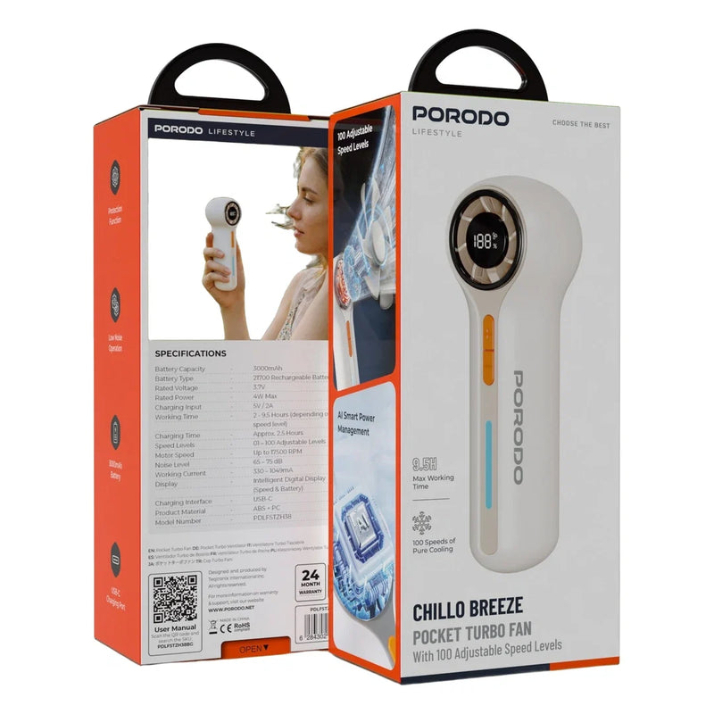 Porodo Lifestyle Chillo Breeze Pocket Turbo Fan with 100 Adjustable Speed Levels - Beige detail view